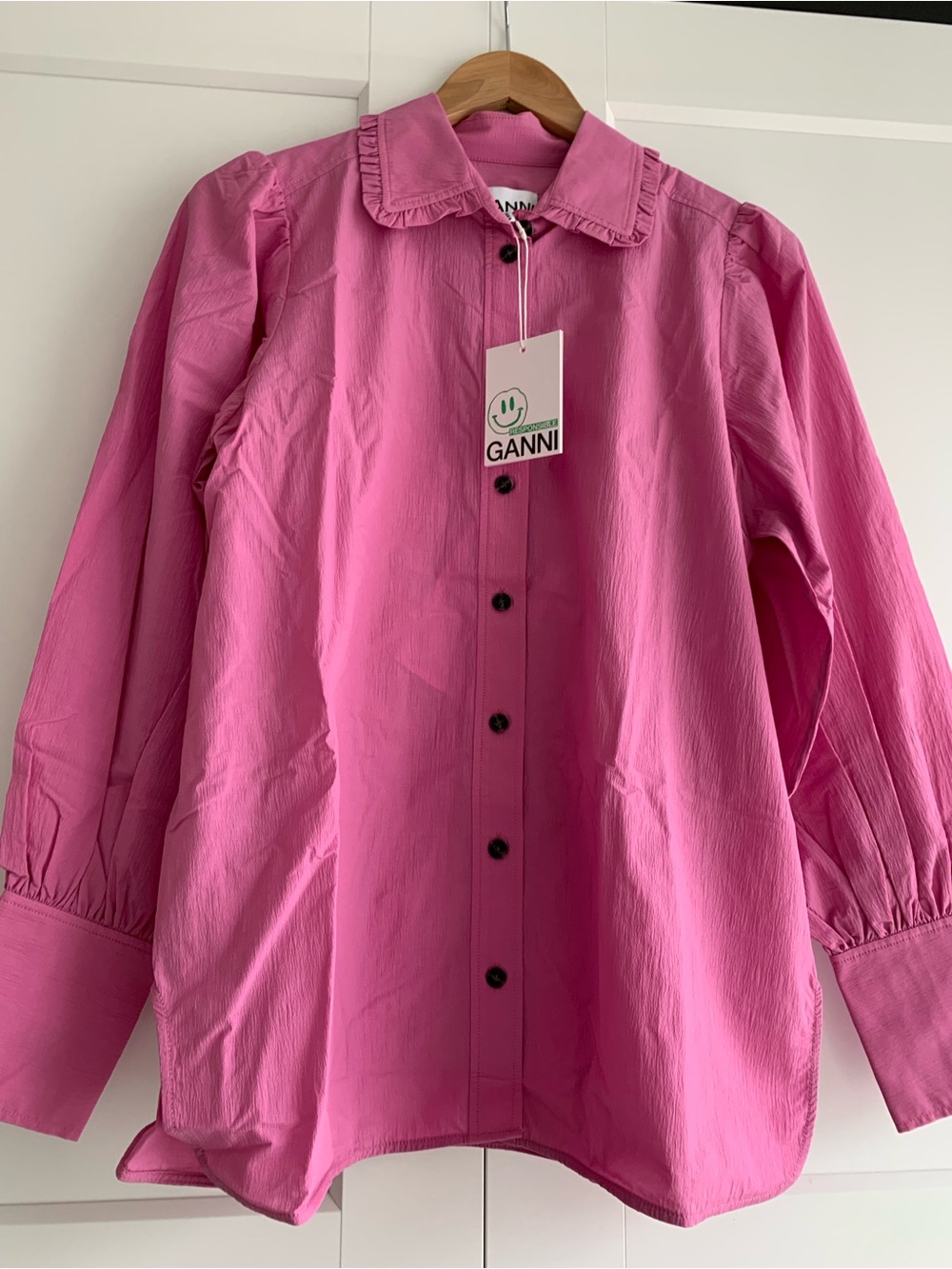 Ganni Hot Pink Button-Up Blouse with Ruffle Collar